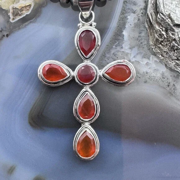 Sterling Silver Southwestern Style Carnelian Decorated Cross Pendant For Women - Picture 6 of 10